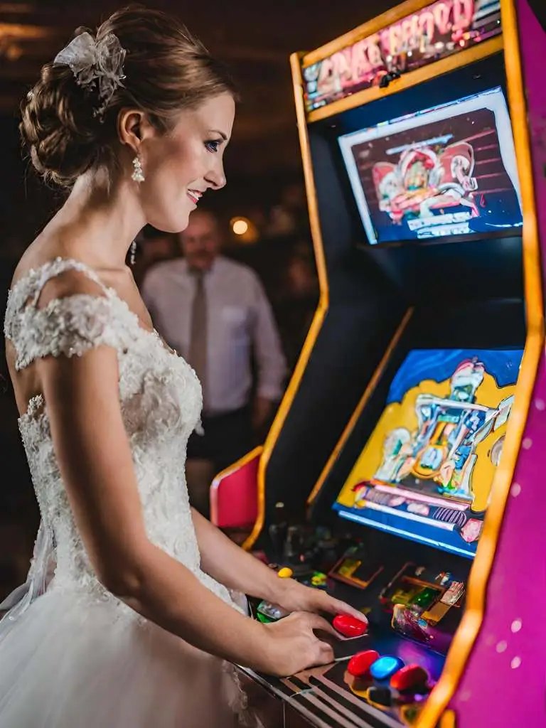 Bride playing a bartop arcade at a wedding