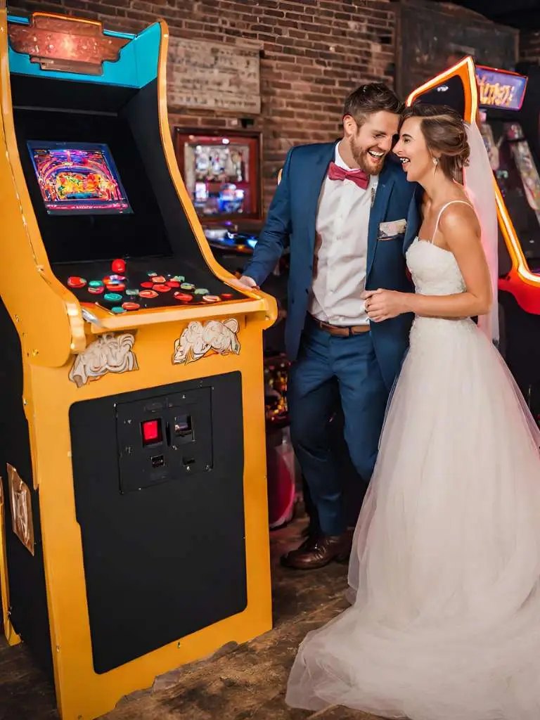 Couple playing a bartop arcade at their wedding