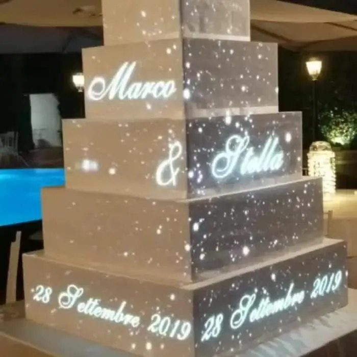 Cake mapping projection with the couple's names