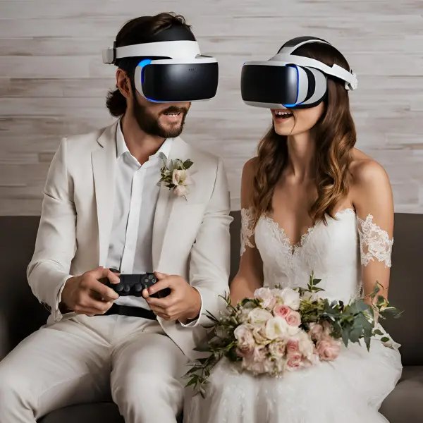 Couple playing PS5 VR2 at their wedding