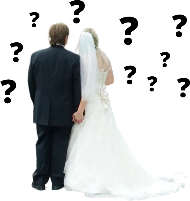 Wedding couple with question marks